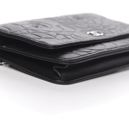 Chanel Lambskin Camellia Embossed Wallet on Chain WOC Black 10 of 12