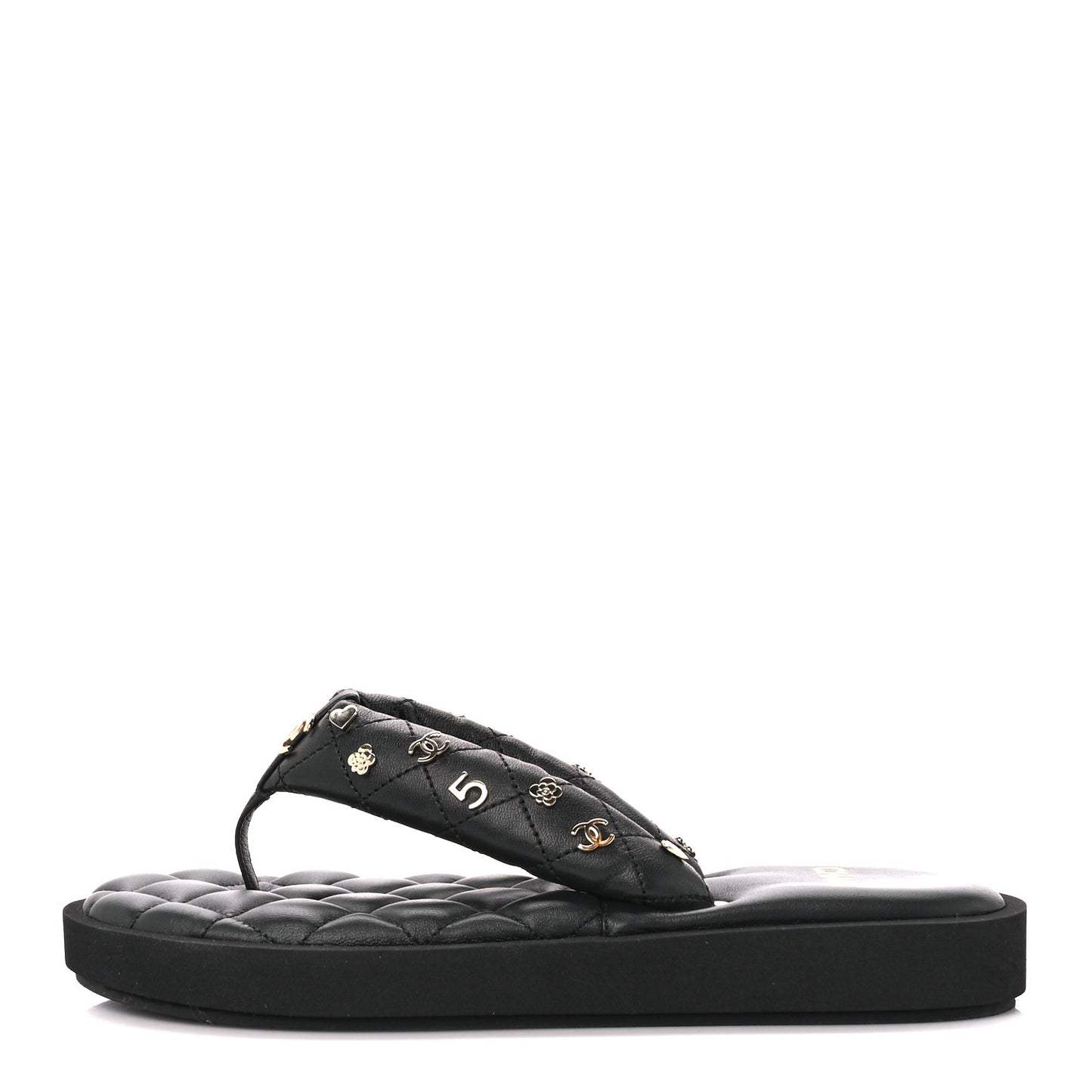 Lambskin Quilted Padded Charms Thong Sandals 37.5 Black