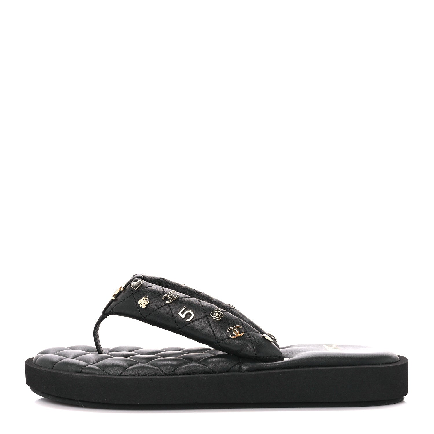 Chanel Lambskin Quilted Padded Charms Thong Sandals 37.5 Black 1 of 8