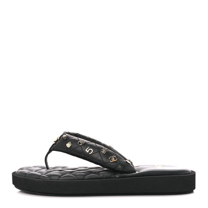 Chanel Lambskin Quilted Padded Charms Thong Sandals 37.5 Black 1 of 8