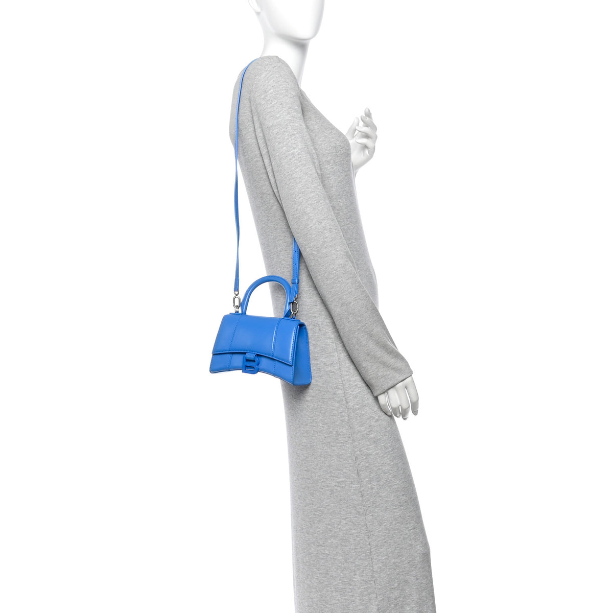 Shiny Box Calfskin Tonal B Hourglass Top Handle Bag XS Screen Blue