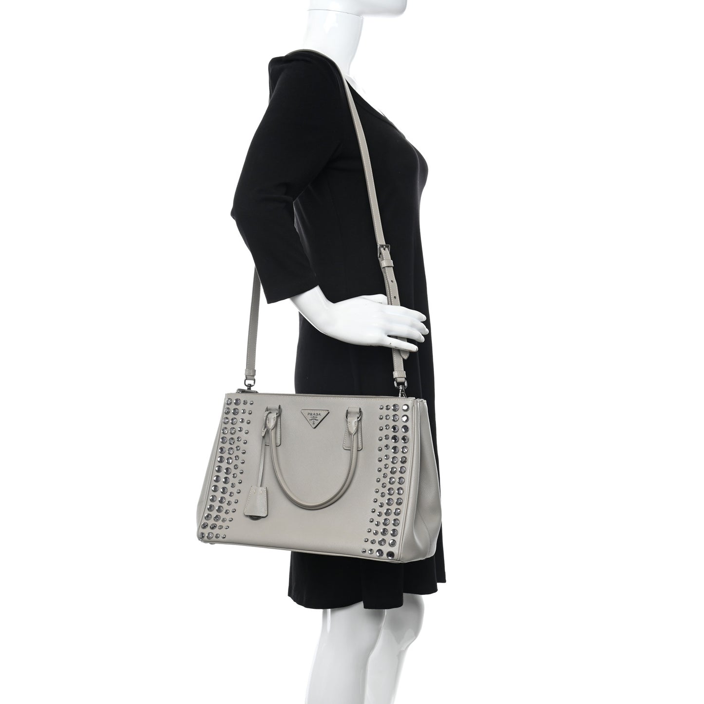 Saffiano Lux Studded Crystal Medium Galleria Double Zip Tote Pomice