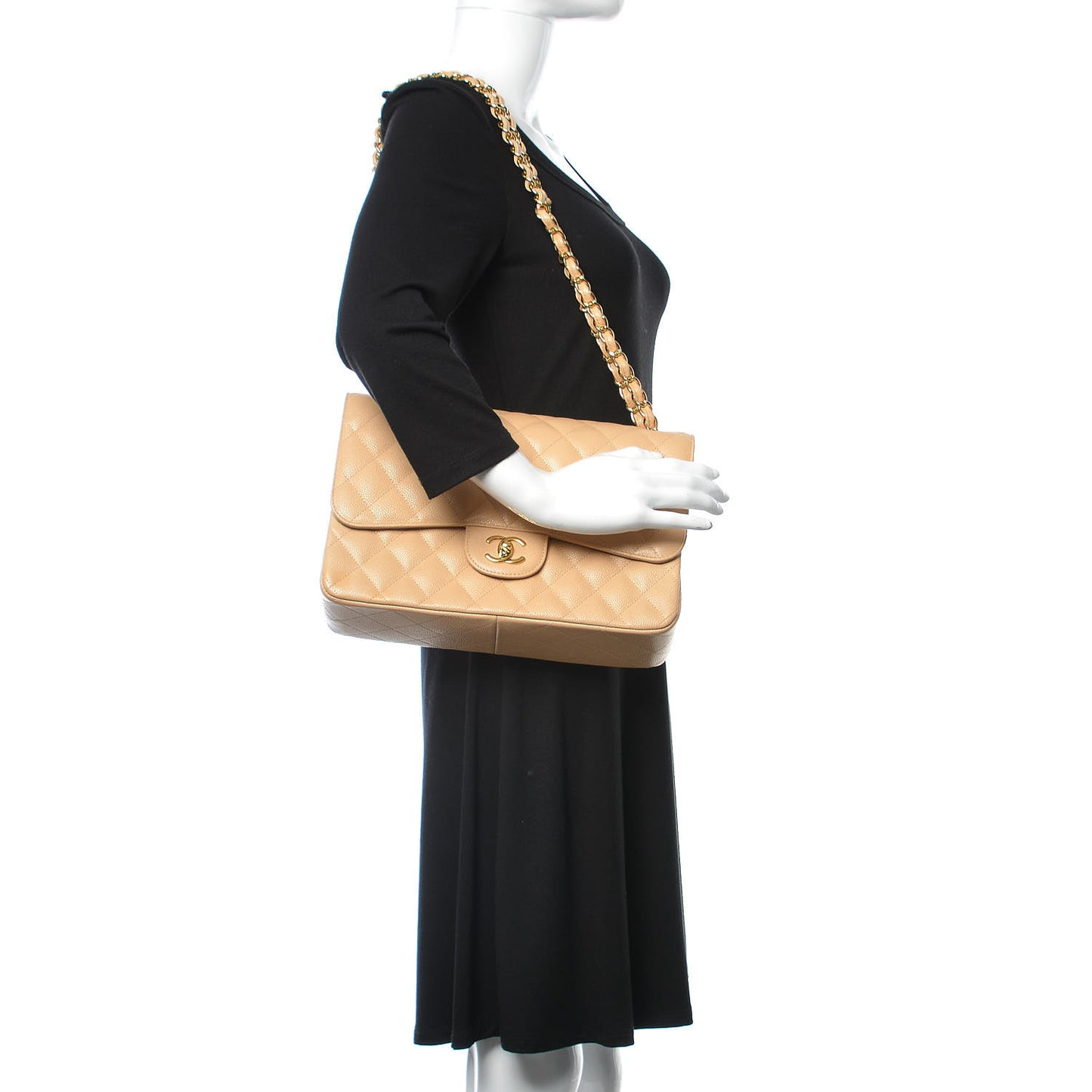 Caviar Quilted Jumbo Double Flap Beige Clair