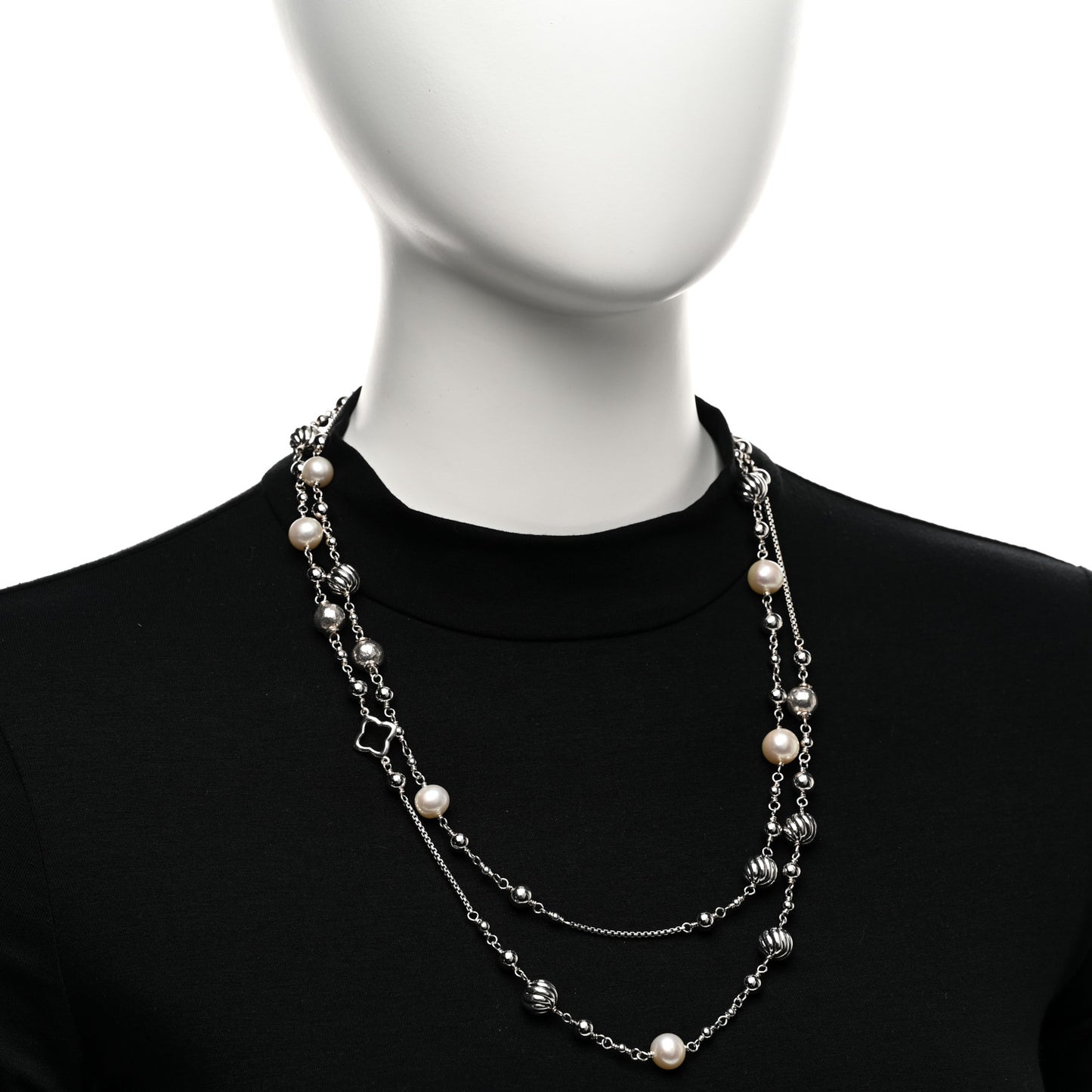 Sterling Silver Freshwater Cultured Pearl Quatrefoil Long Chain Necklace