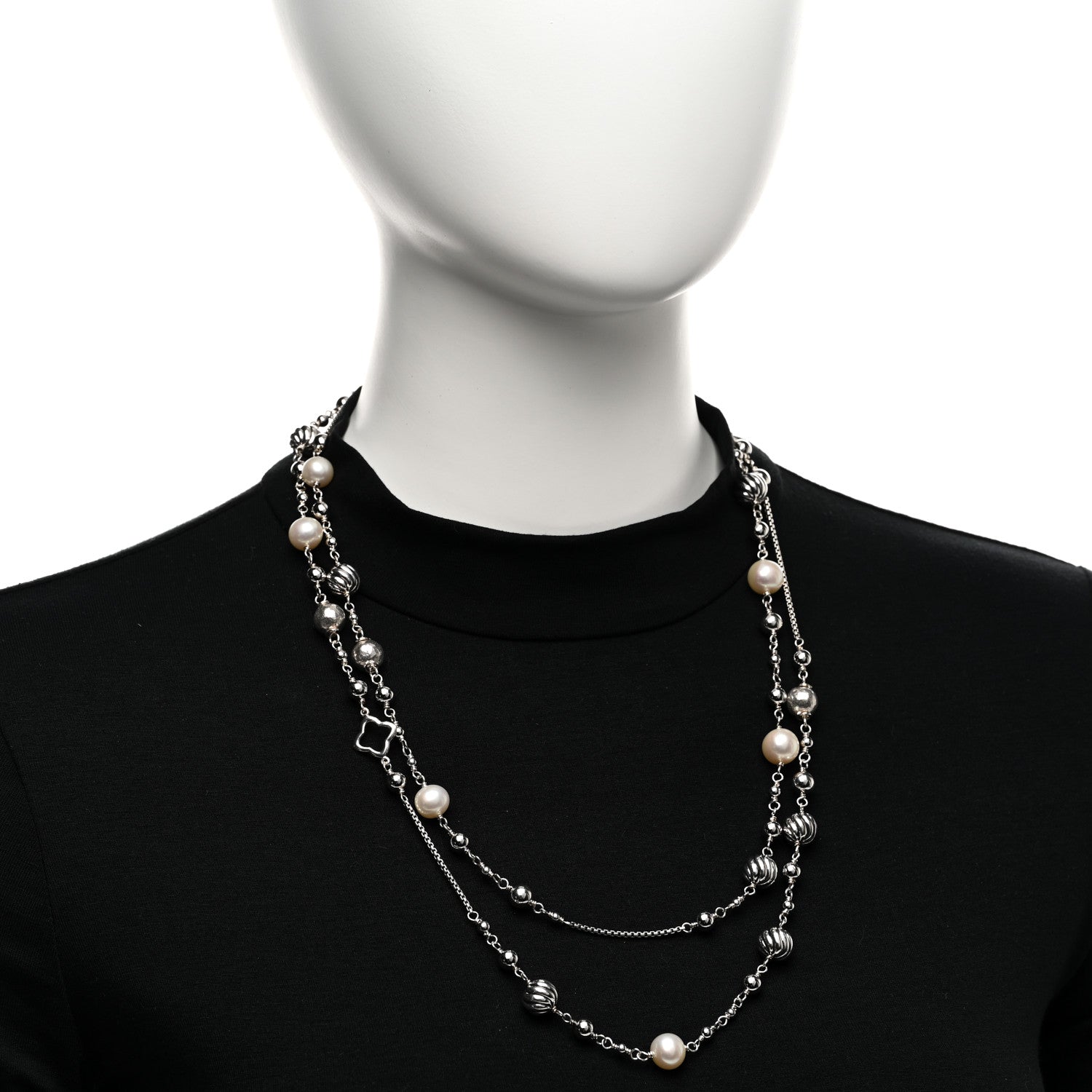 David Yurman Sterling Silver Freshwater Cultured Pearl Quatrefoil Long Chain Necklace 2 of 4