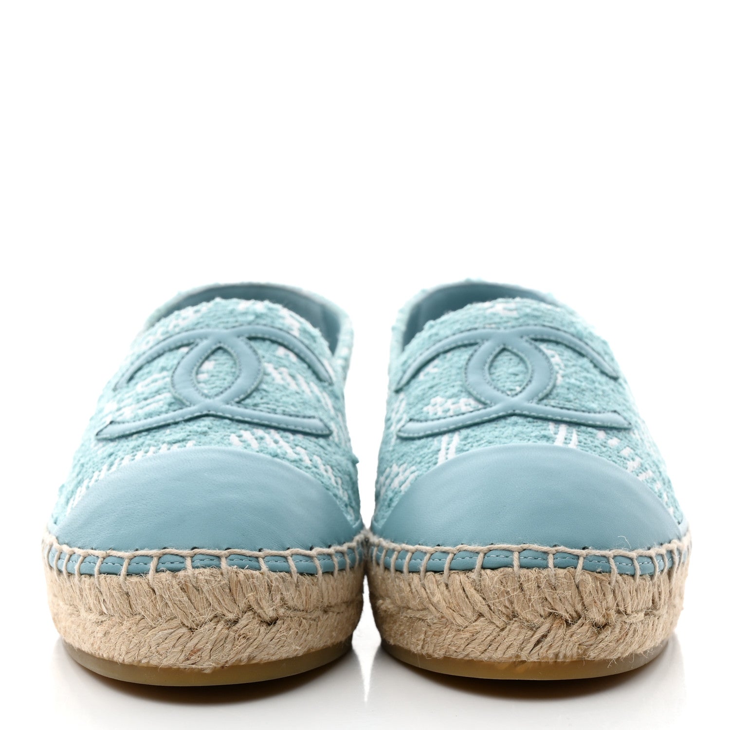 Chanel Tweed Grosgrain CC Print Espadrilles 38 Turquoise White 2 of 9