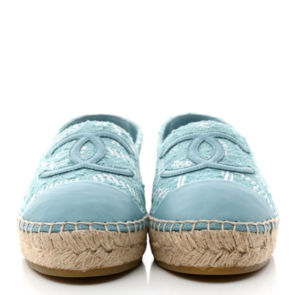 Chanel Tweed Grosgrain CC Print Espadrilles 38 Turquoise White 2 of 9
