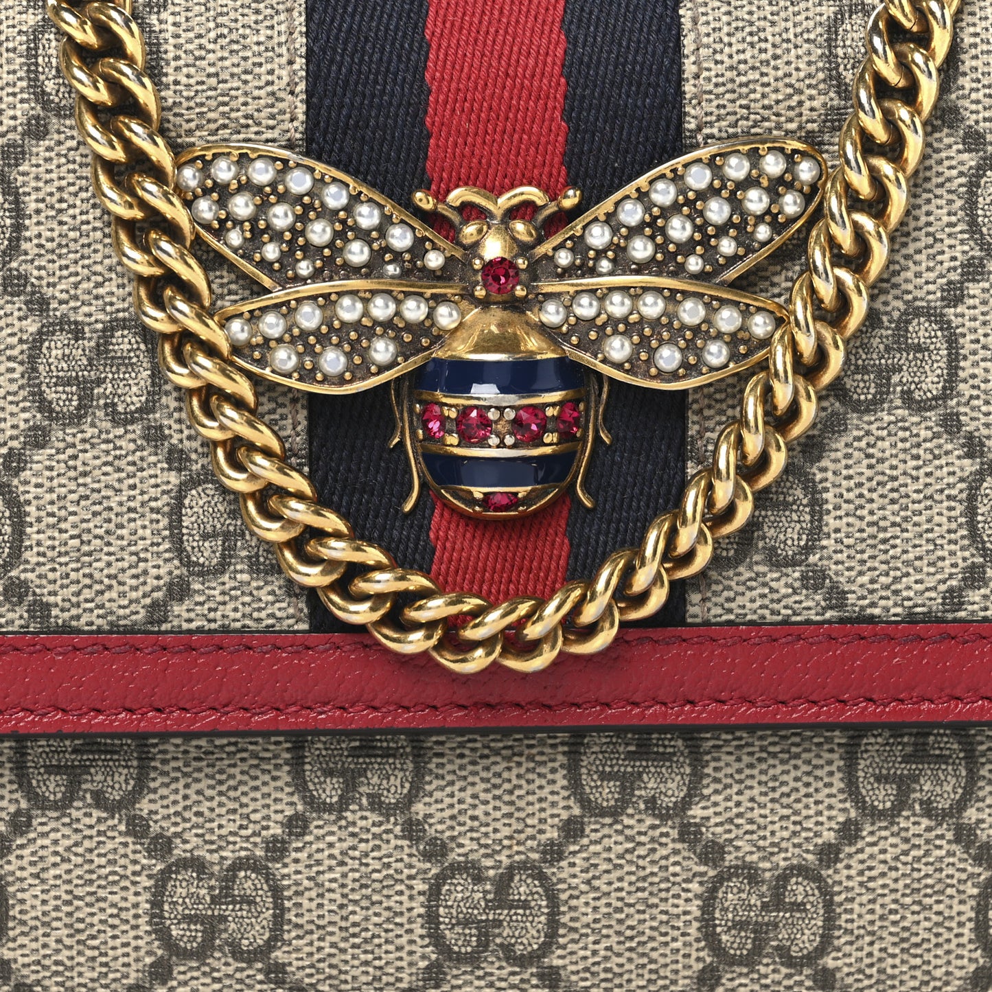 GG Supreme Monogram Web Queen Margaret Chain Wallet Red