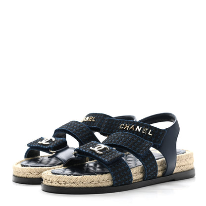 Chanel Tweed Lambskin Velcro Dad Sandals 37 Navy Black 3 of 8