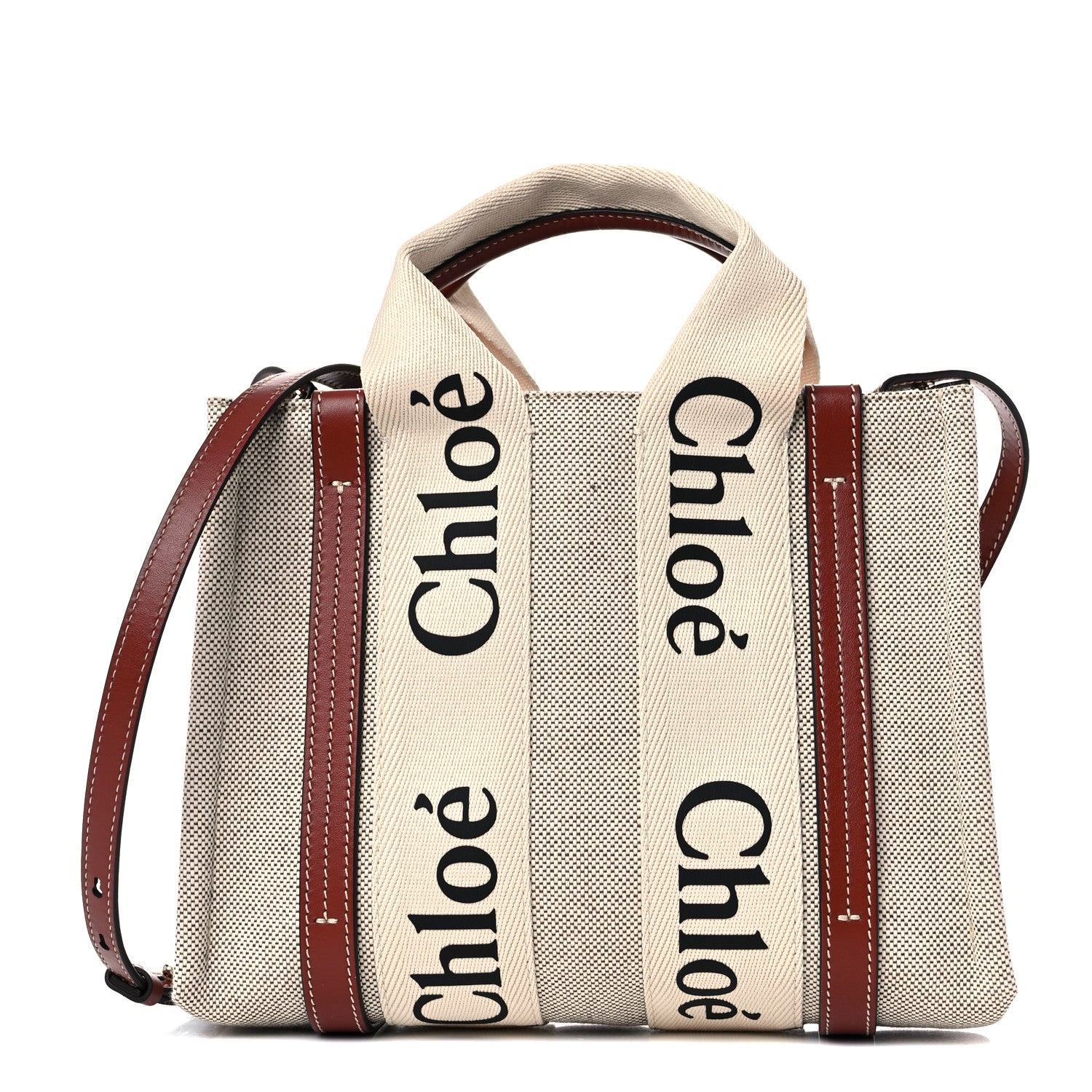 Chloe Cotton Calfskin Small Woody Ribbon Tote With Strap White Brown 1 of 10