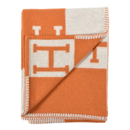 Hermes Wool Cashmere Signature Classic Avalon Blanket Ecru Potiron 2 of 3