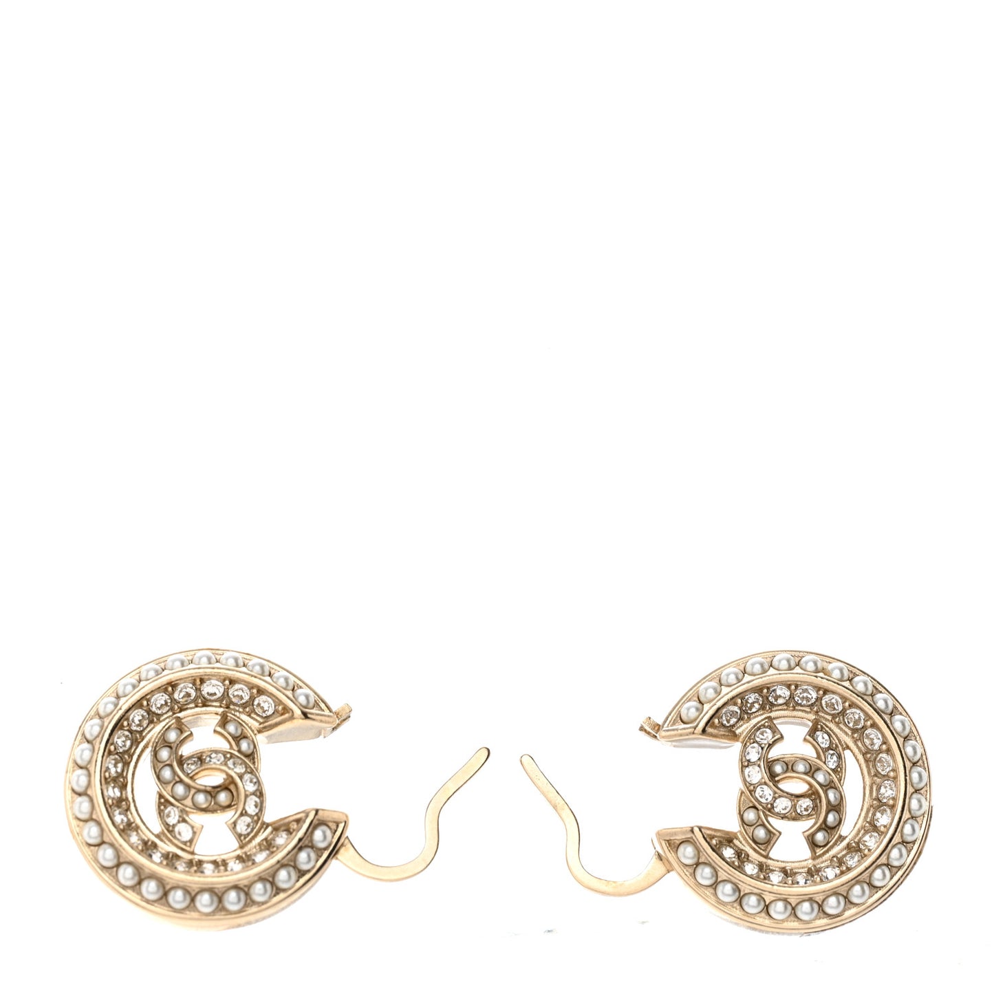 Metal Crystal Pearl CC Hoop Earrings Gold