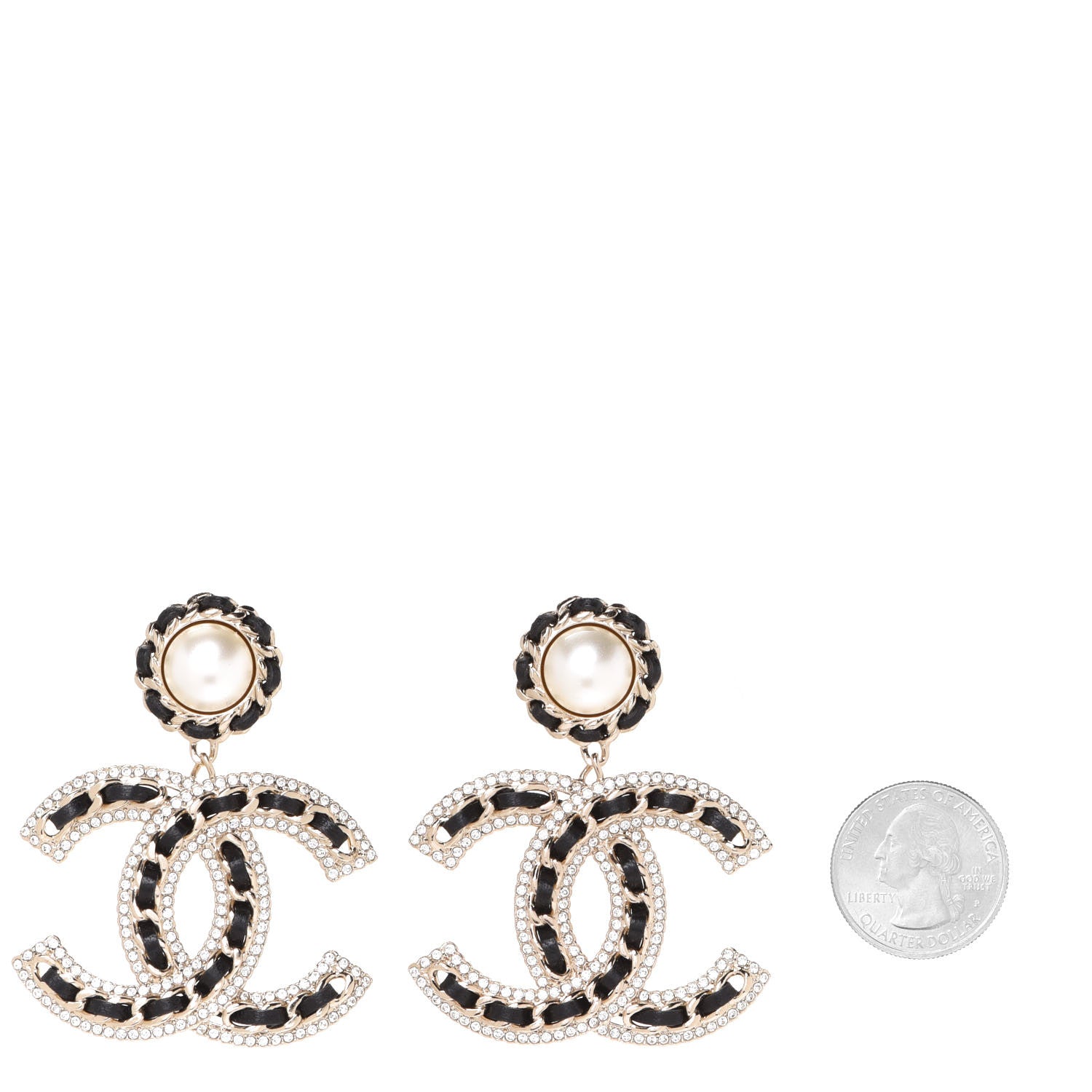 Chanel Pearl Lambskin Crystal Chain CC Drop Earrings Black Gold 2 of 5