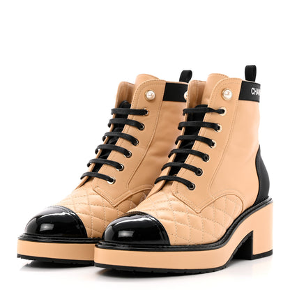 Chanel Calfskin Patent Calfskin Quilted Lace Up Boots 37 Beige Black 3 of 10
