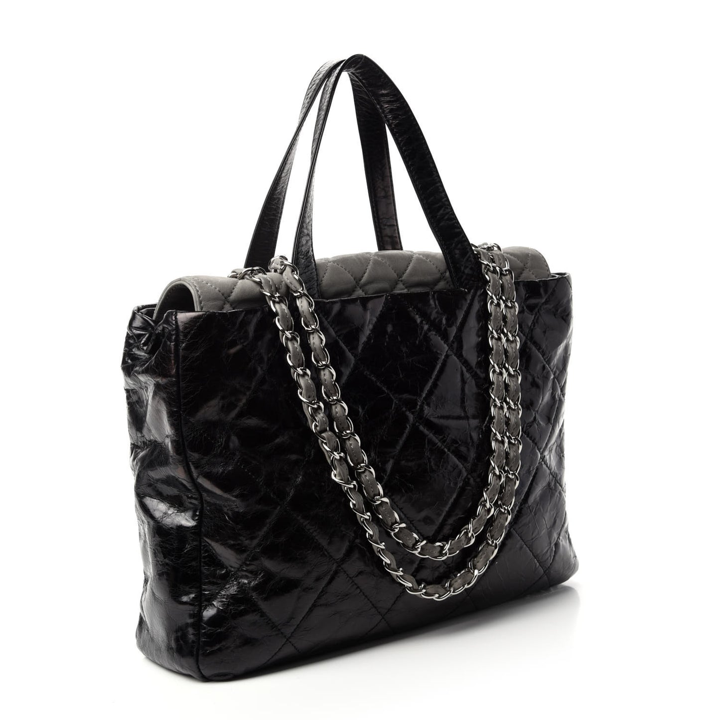 Glazed Calfskin Lambskin Quilted Portobello Tote Black Grey
