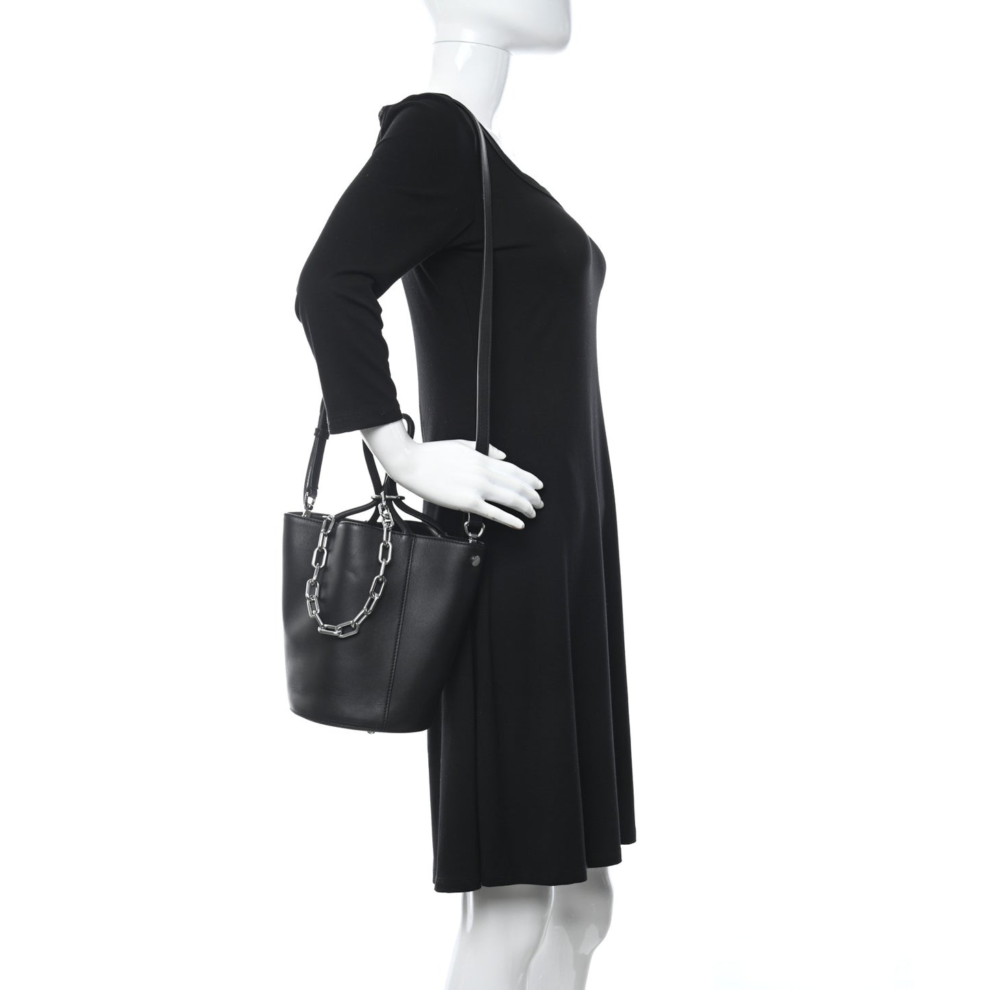 Calfskin Roxy Large Chain Bucket Black Silver Hardware