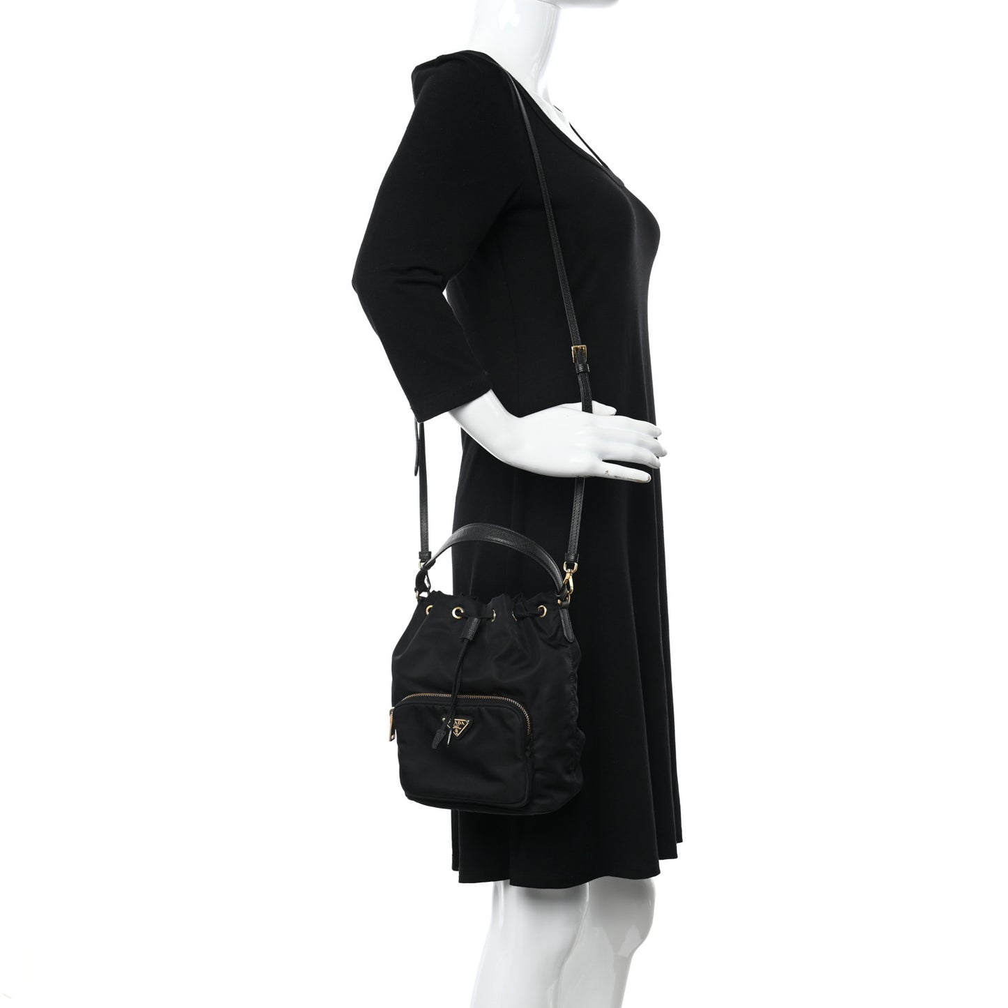 Saffiano Tessuto Nylon Mini Bucket Crossbody Bag Black