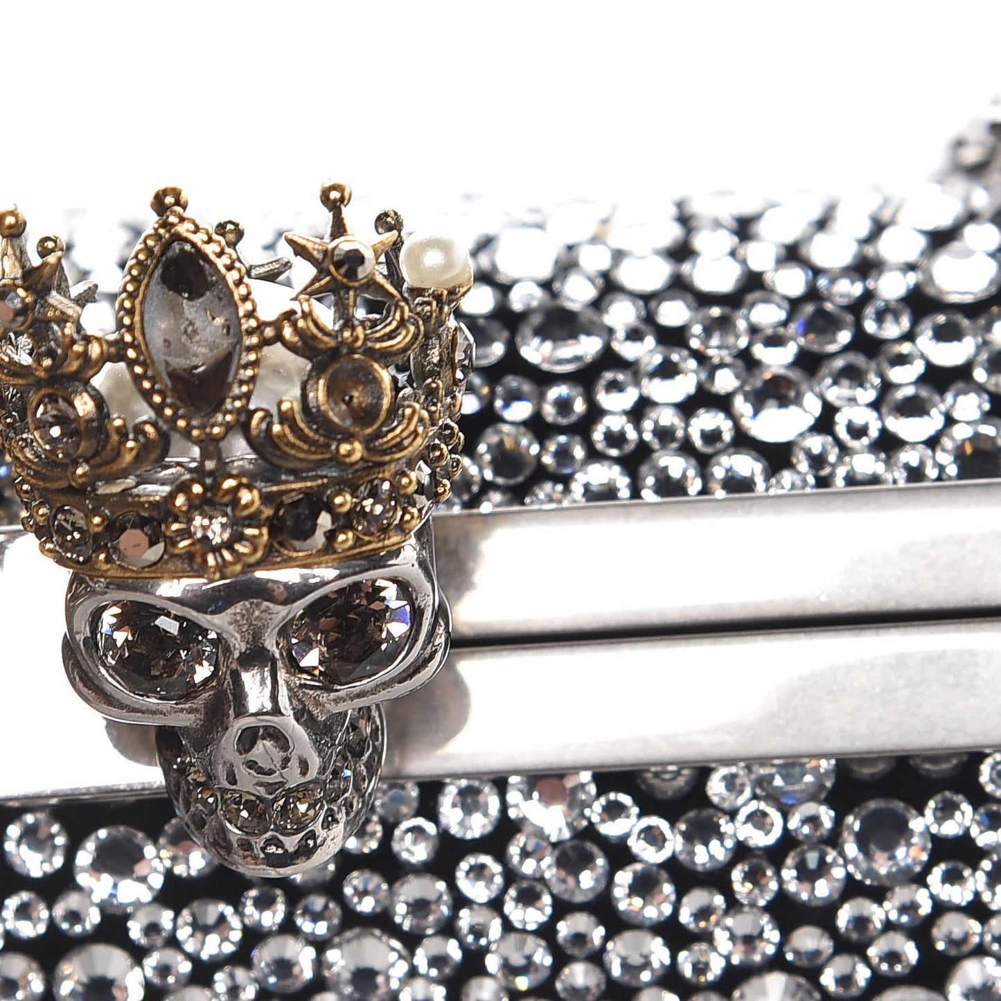 Crystal Nappa Queen and King Skull Box Chain Clutch Black Silver