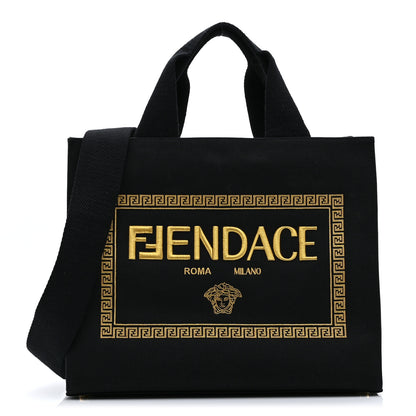 Fendi X VERSACE Cotton Canvas Cuoio Romano Fendace Logo Embroidered Signature Shopping Tote Black Gold 1 of 11