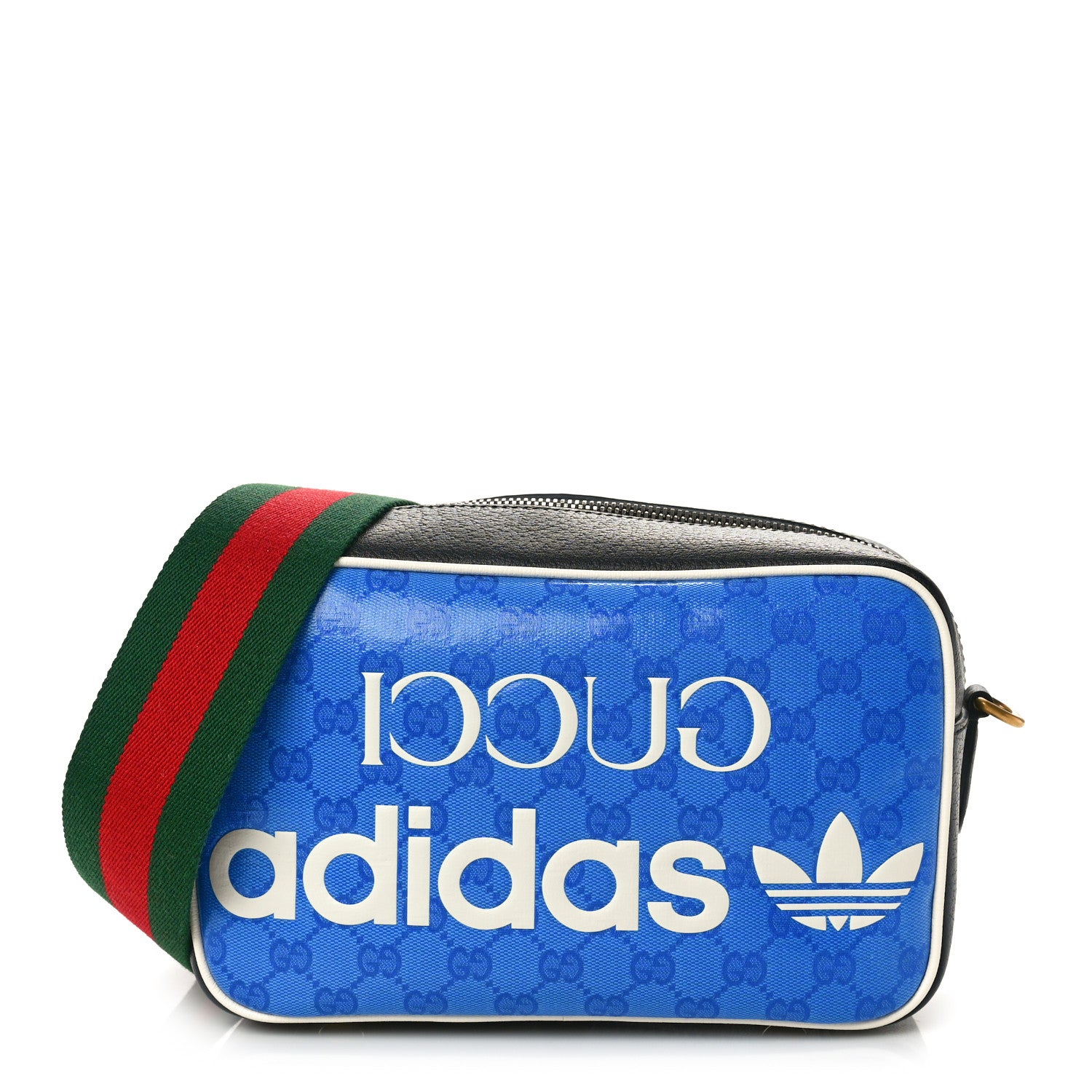 Gucci X ADIDAS Crystal Vintage Monogram Textured Dollar Calfskin Web Trefoil Logo Small Messenger Bag Bright Splash Off White Black 1 of 10