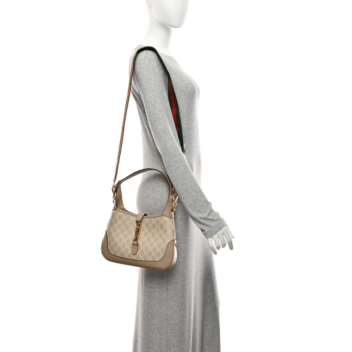 GG Supreme Monogram Textured Dollar Calfskin Web Small Jackie 1961 Hobo Beige Mystic White Oatmeal