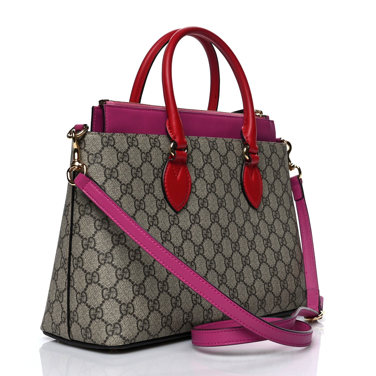 Gucci GG Supreme Monogram Moon Calfskin Small Zip Top Tote Beige Ebony Hibiscus Red New Rosette 3 of 10