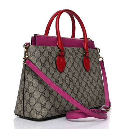 Gucci GG Supreme Monogram Moon Calfskin Small Zip Top Tote Beige Ebony Hibiscus Red New Rosette 3 of 10