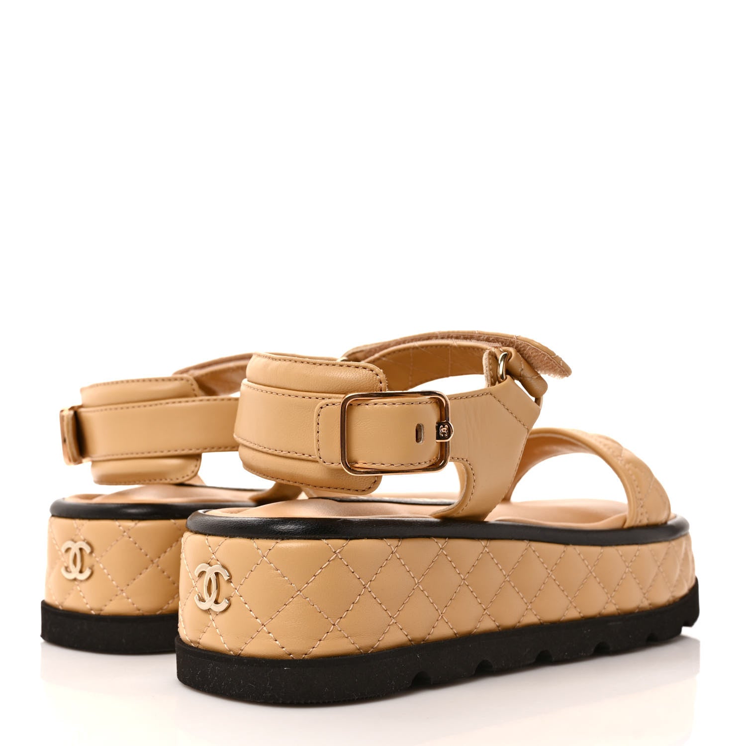 Chanel Lambskin Quilted Platform Sandals 37 Beige Black 4 of 10