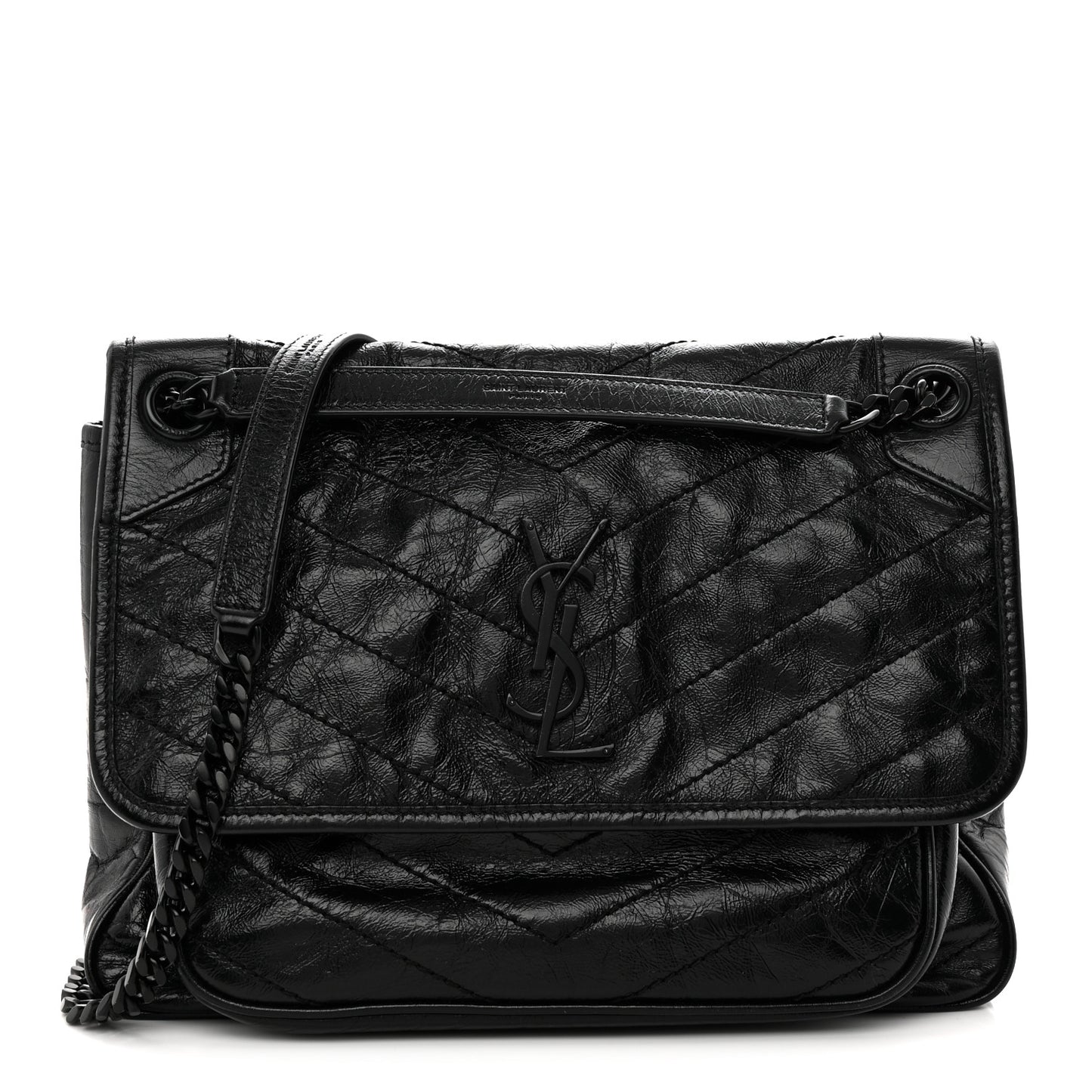 Crinkled Calfskin Matelasse Monogram Medium Niki Chain Satchel Black