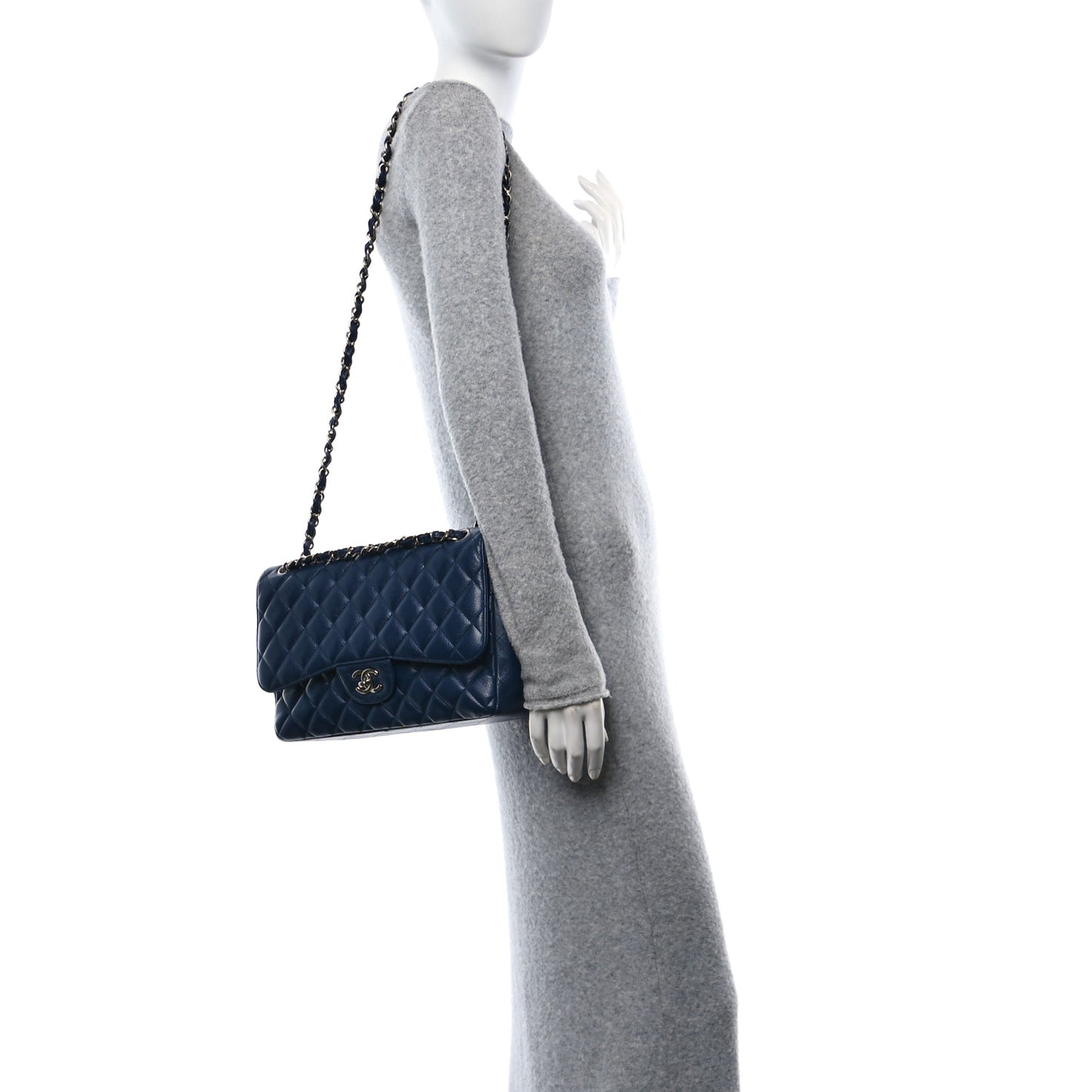 Caviar Quilted Jumbo Double Flap Navy Blue