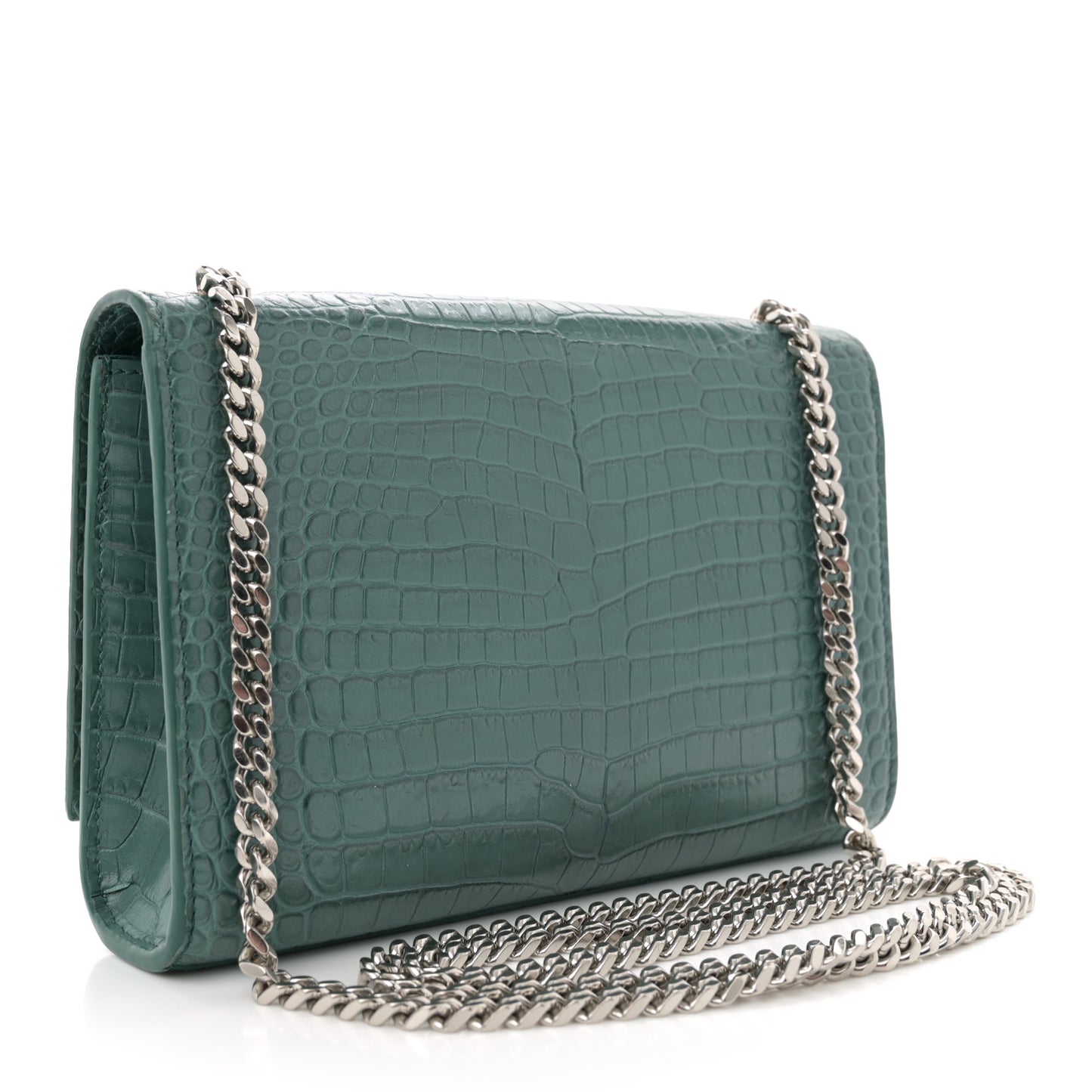 Calfskin Crocodile Embossed Small Classic Monogram Kate Tassel Satchel Water Green