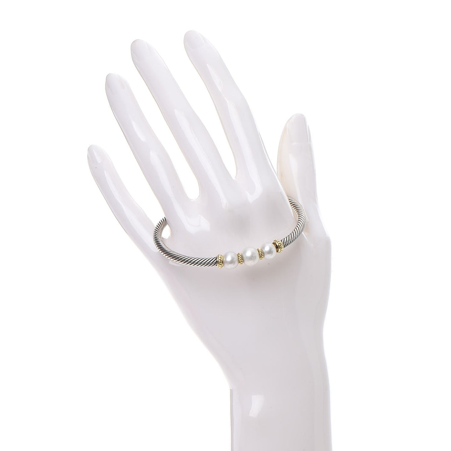 Sterling Silver 18K Yellow Gold Graduated Pearl 5mm Cable Classics Cuff Bracelet