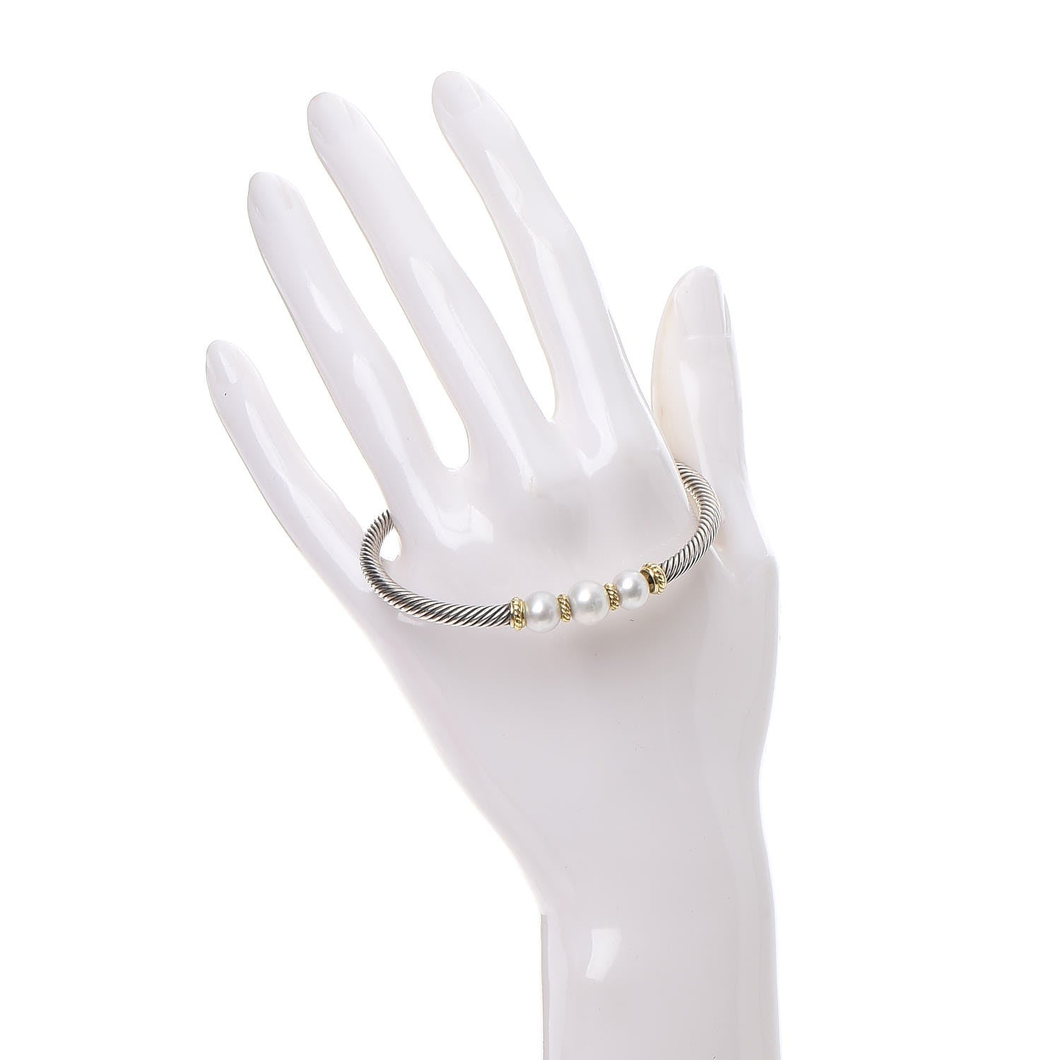 David Yurman Sterling Silver 18K Yellow Gold Graduated Pearl 5mm Cable Classics Cuff Bracelet 2 of 5