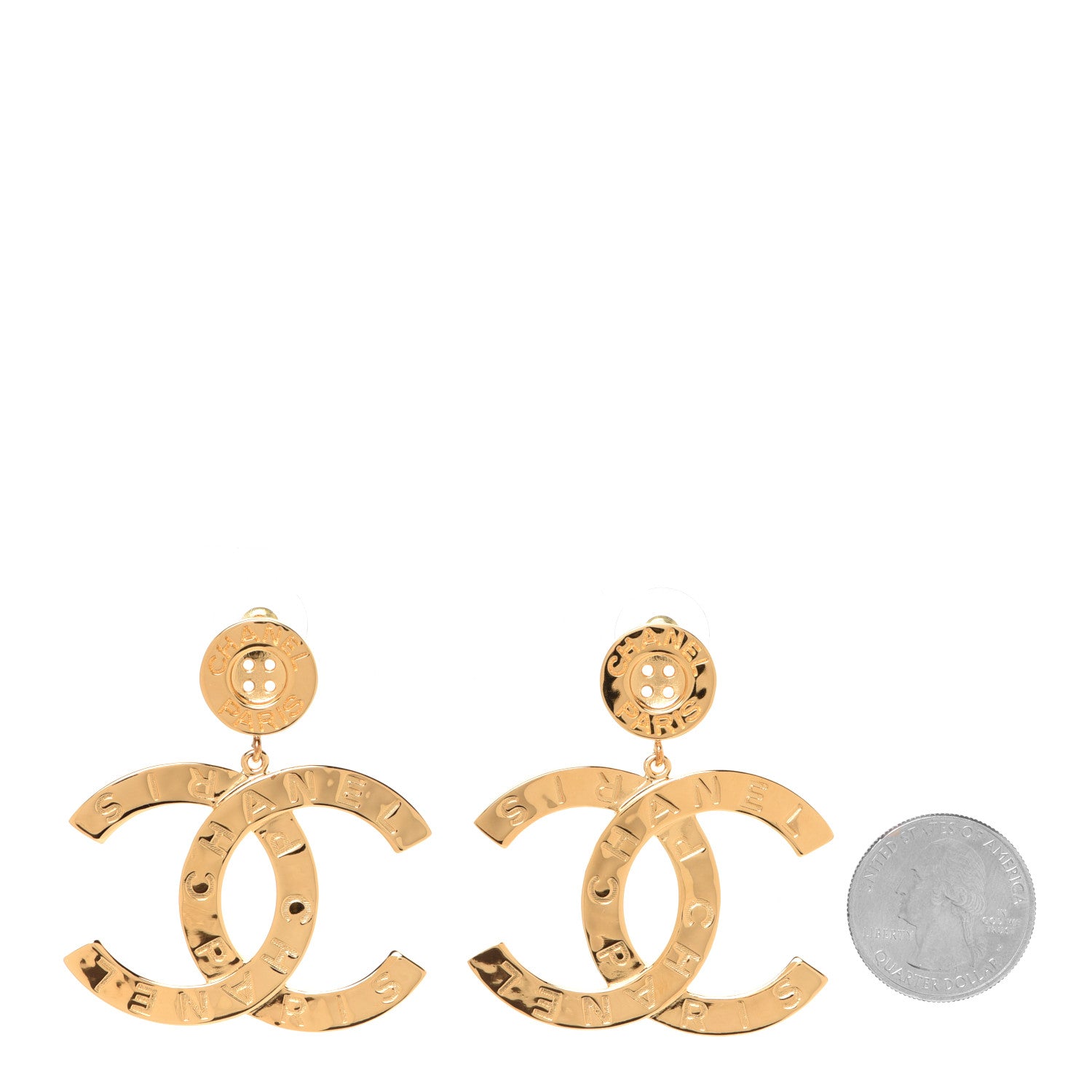 Chanel Metal Large Paris Button Earrings Gold 2 of 5