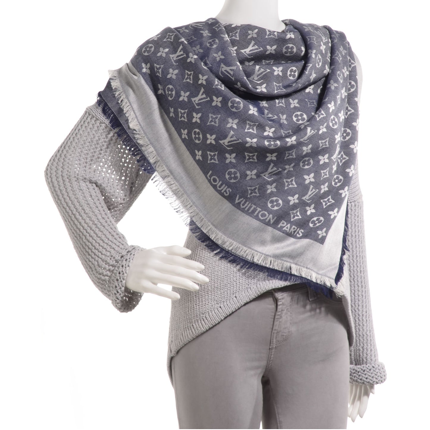 Wool Silk Monogram Denim Shawl Blue