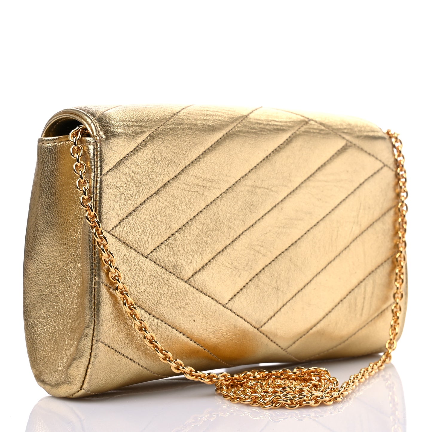 Metallic Lambskin Crystal Chevron Chain Clutch Gold