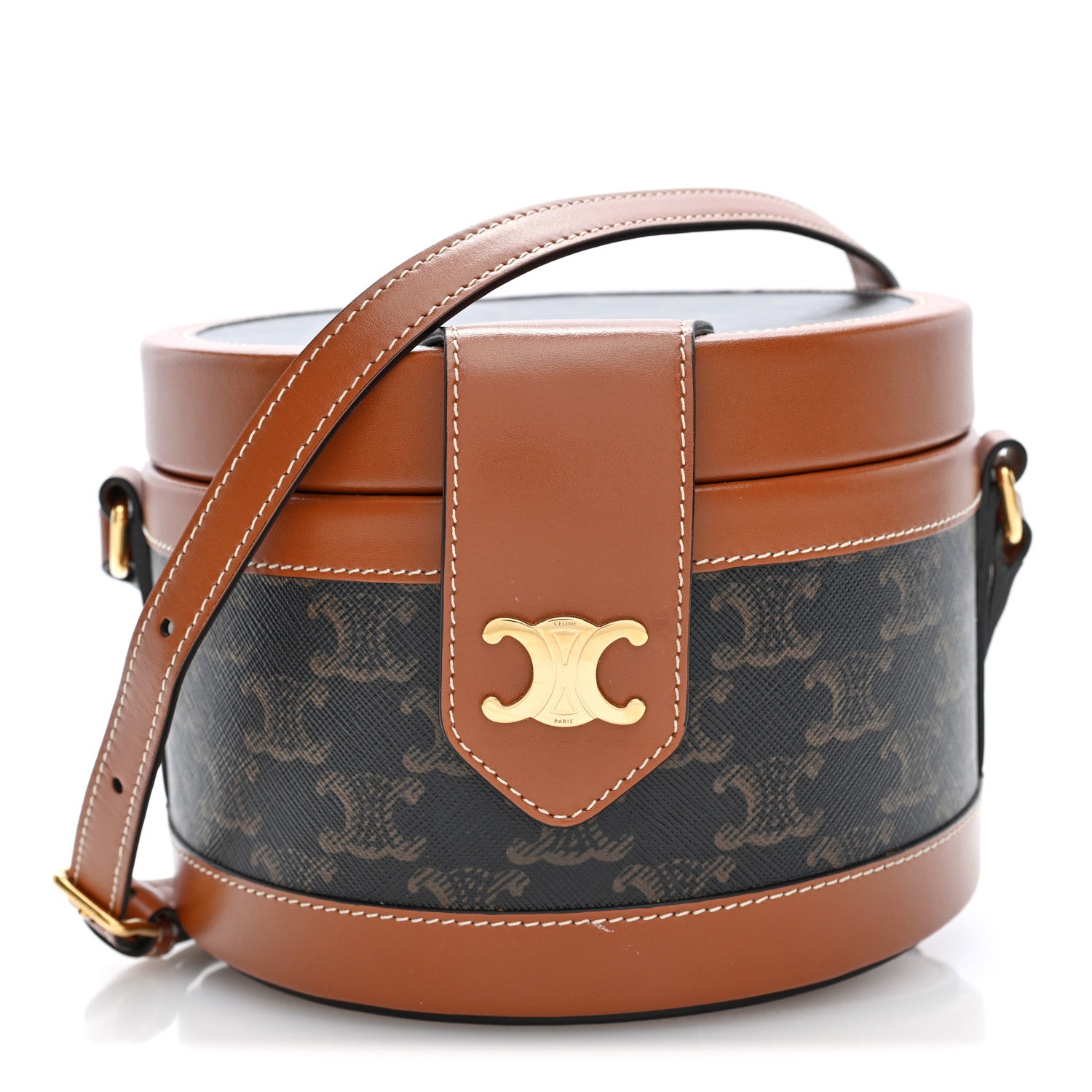 Celine Calfskin Triomphe Canvas Medium Tambour Bag Tan Tan 1 of 10