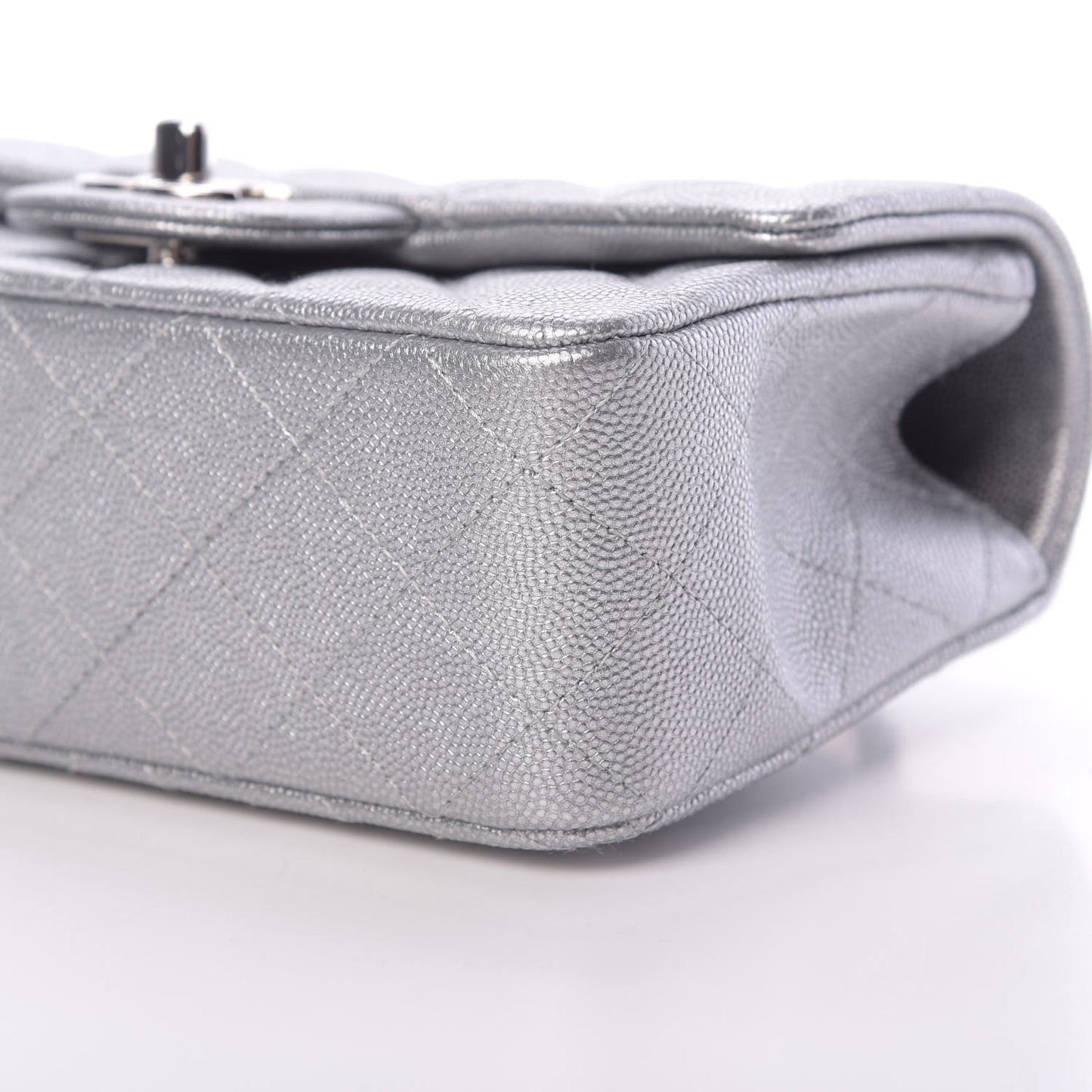 Metallic Caviar Quilted Mini Top Handle Rectangular Flap Silver