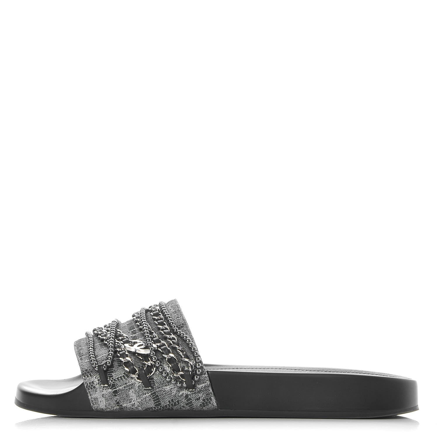 Chanel Fantasy Lambskin Pearl Chain Flat Sandals 40 Silver Black 1 of 9
