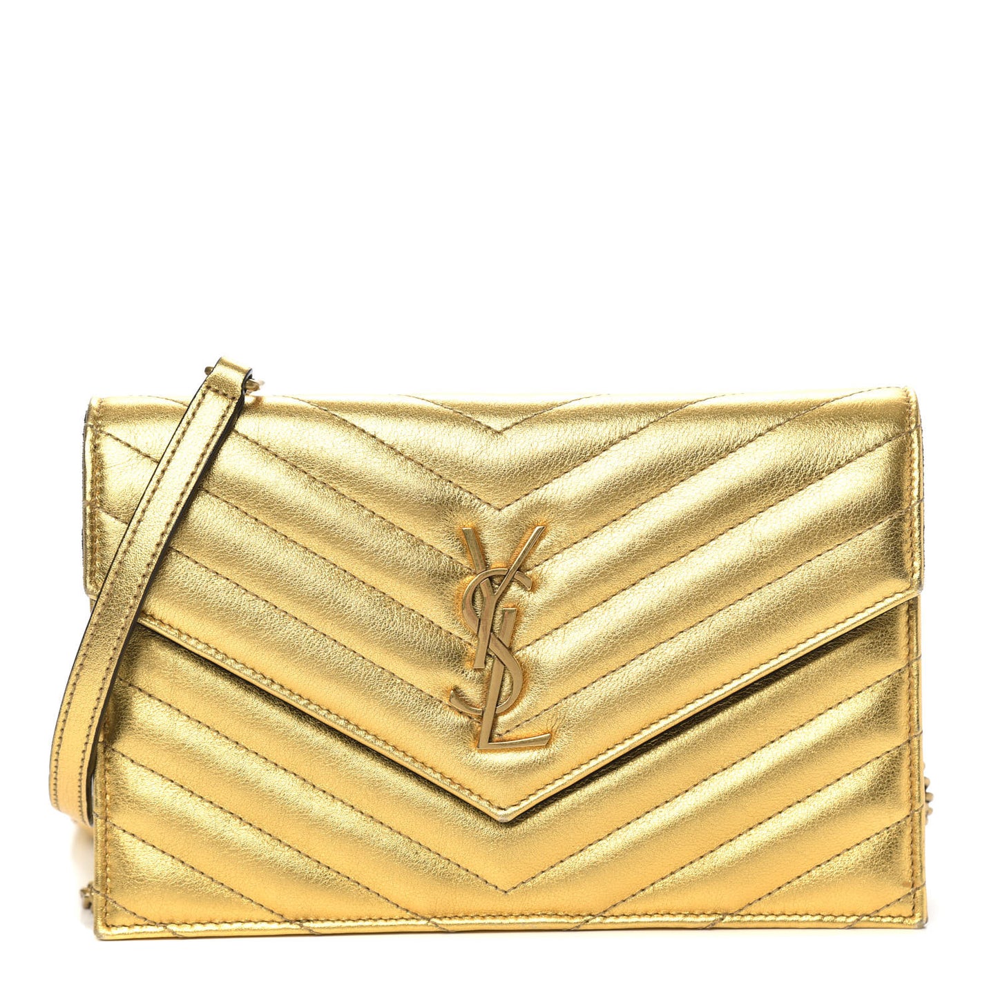 Metallic Calfskin Matelasse Chevron Monogram Envelope Chain Wallet Gold