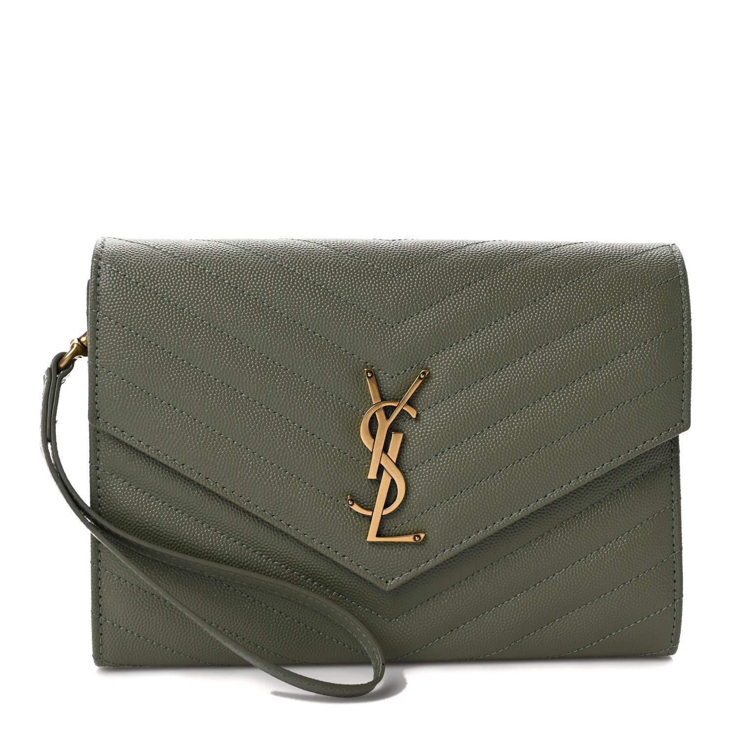 Saint Laurent Grain De Poudre Matelasse Chevron Monogram Envelope Clutch Light Sage 1 of 8