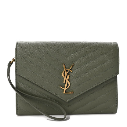 Saint Laurent Grain De Poudre Matelasse Chevron Monogram Envelope Clutch Light Sage 1 of 8