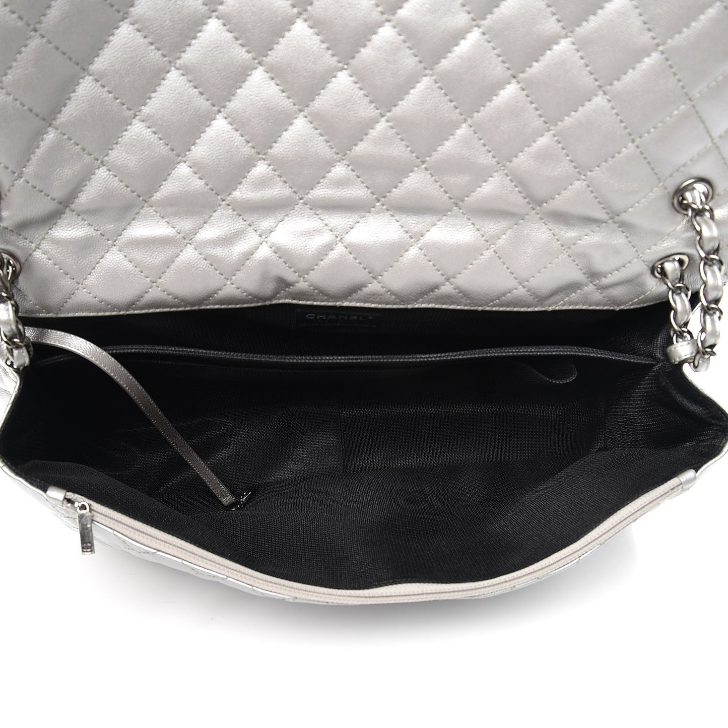 Metallic Caviar Quilted XXL Travel Flap Bag Silver