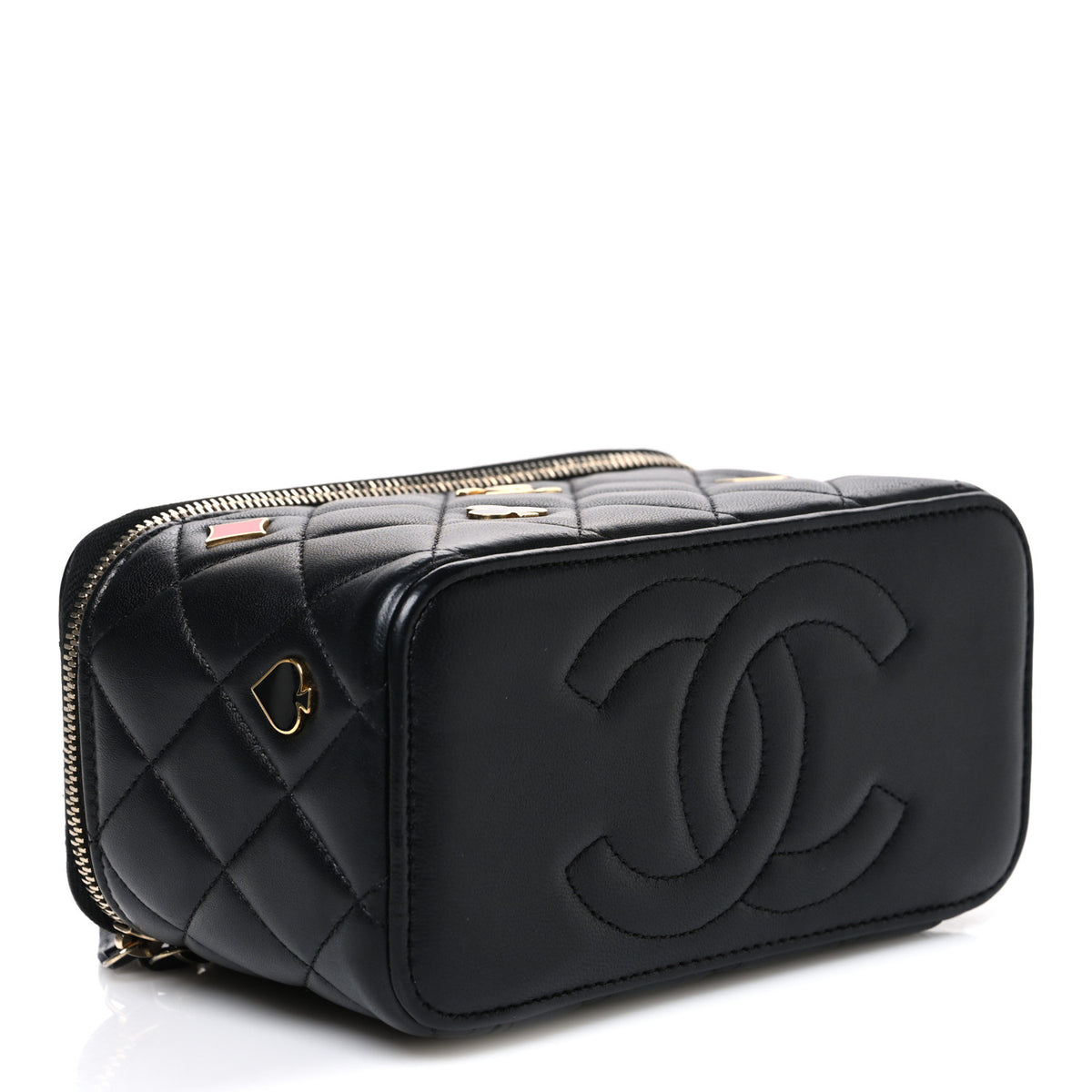 Lambskin Quilted Enamel Coco Casino Small Vanity Case With Chain Black