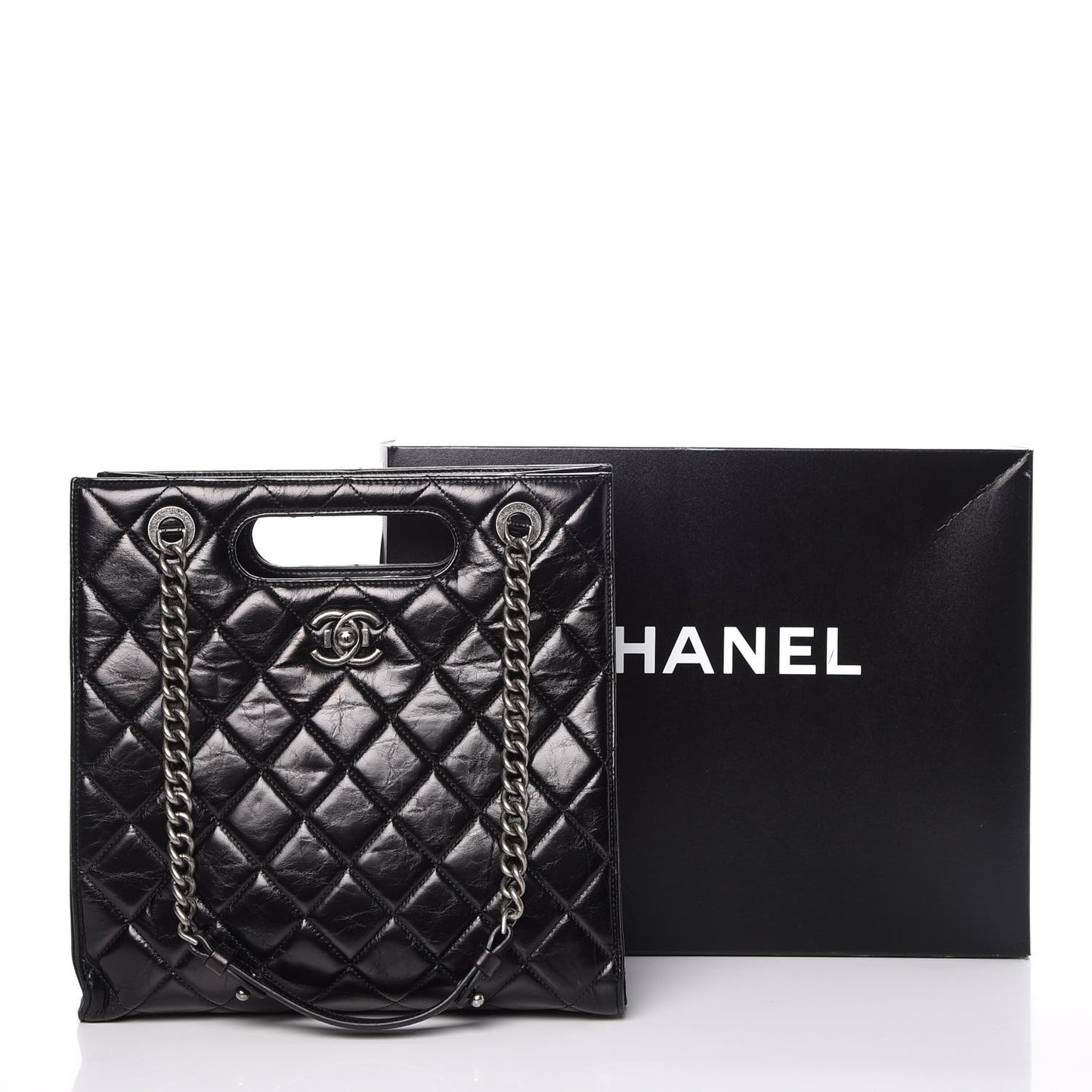 Glazed Calfskin Quilted Small Perfect Edge Shopping Tote Black