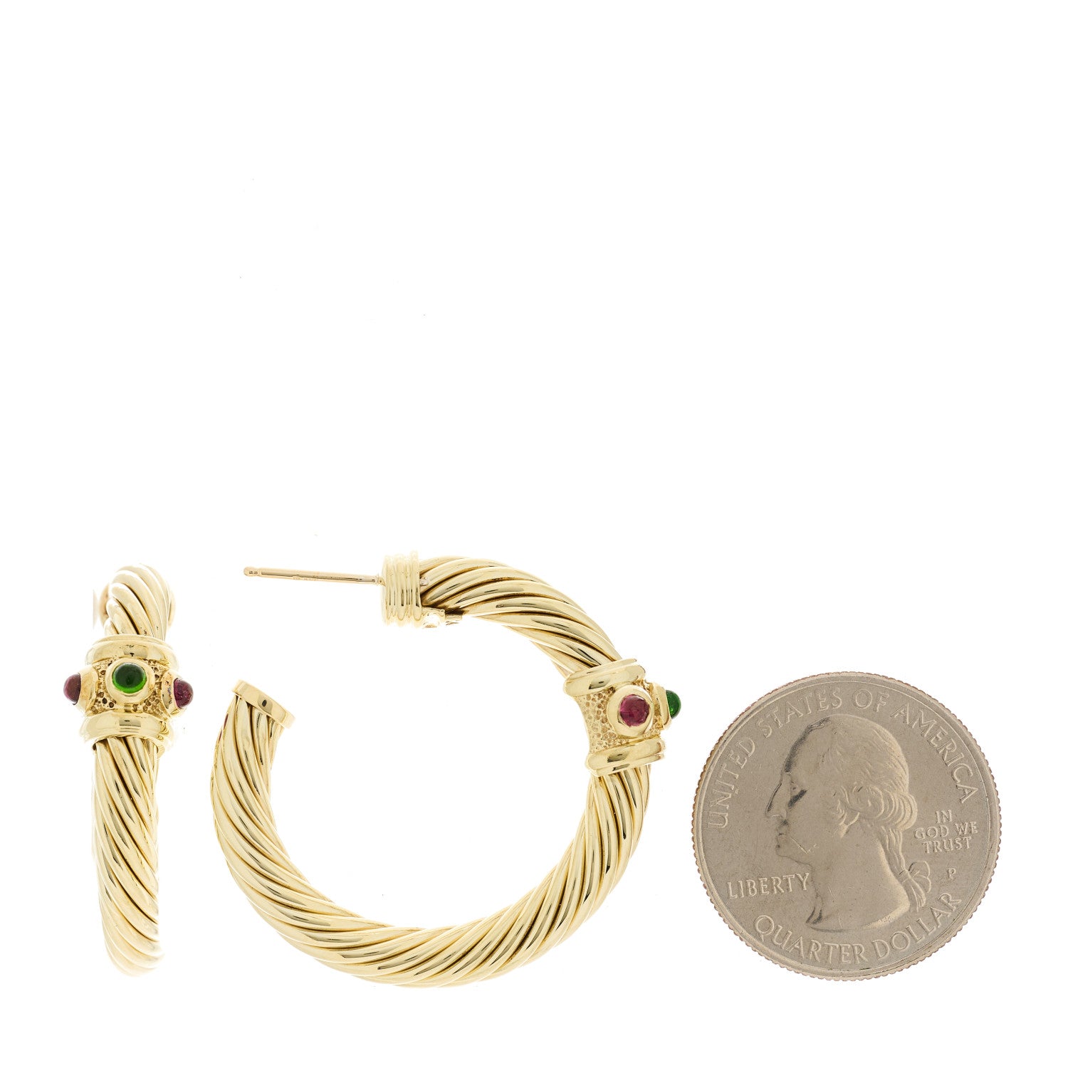 David Yurman 14K Yellow Gold Garnet Tourmaline Sculpted Cable Hoop Earrings 2 of 4