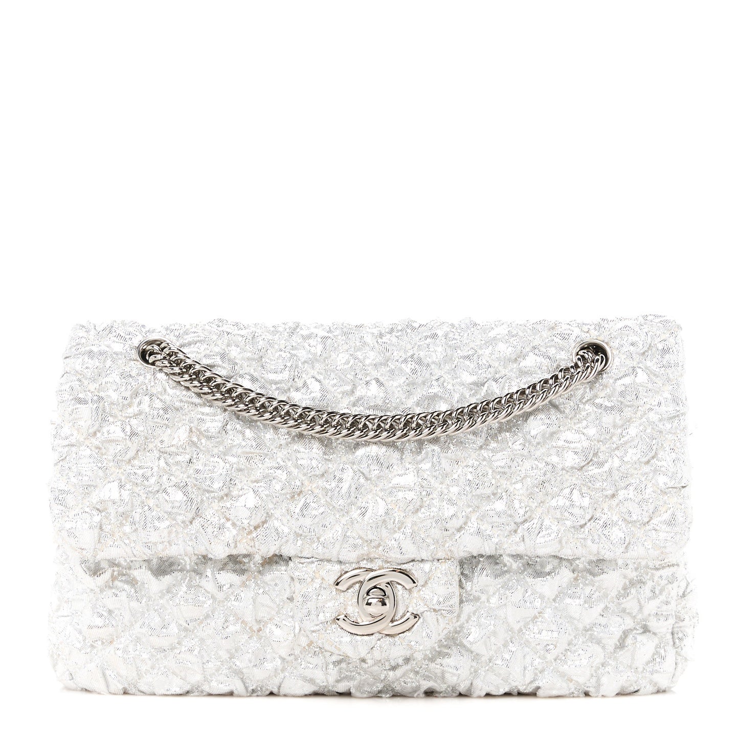 Metallic Lame Quilted Small Double Flap Silver