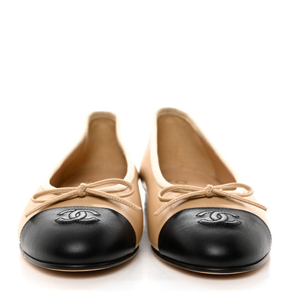 Chanel Lambskin Cap Toe CC Ballerina Flats 38.5 Beige Black 2 of 10