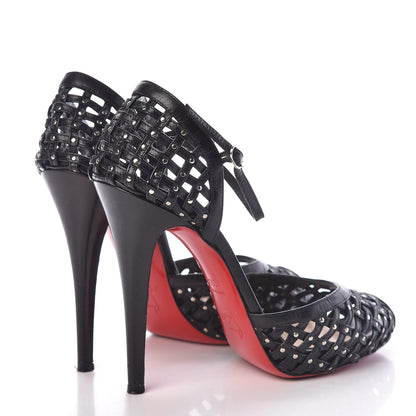 Christian Louboutin Shiny Nappa Studded Woven 120 Platform Peep Toe Pumps 38.5 Black 4 of 12