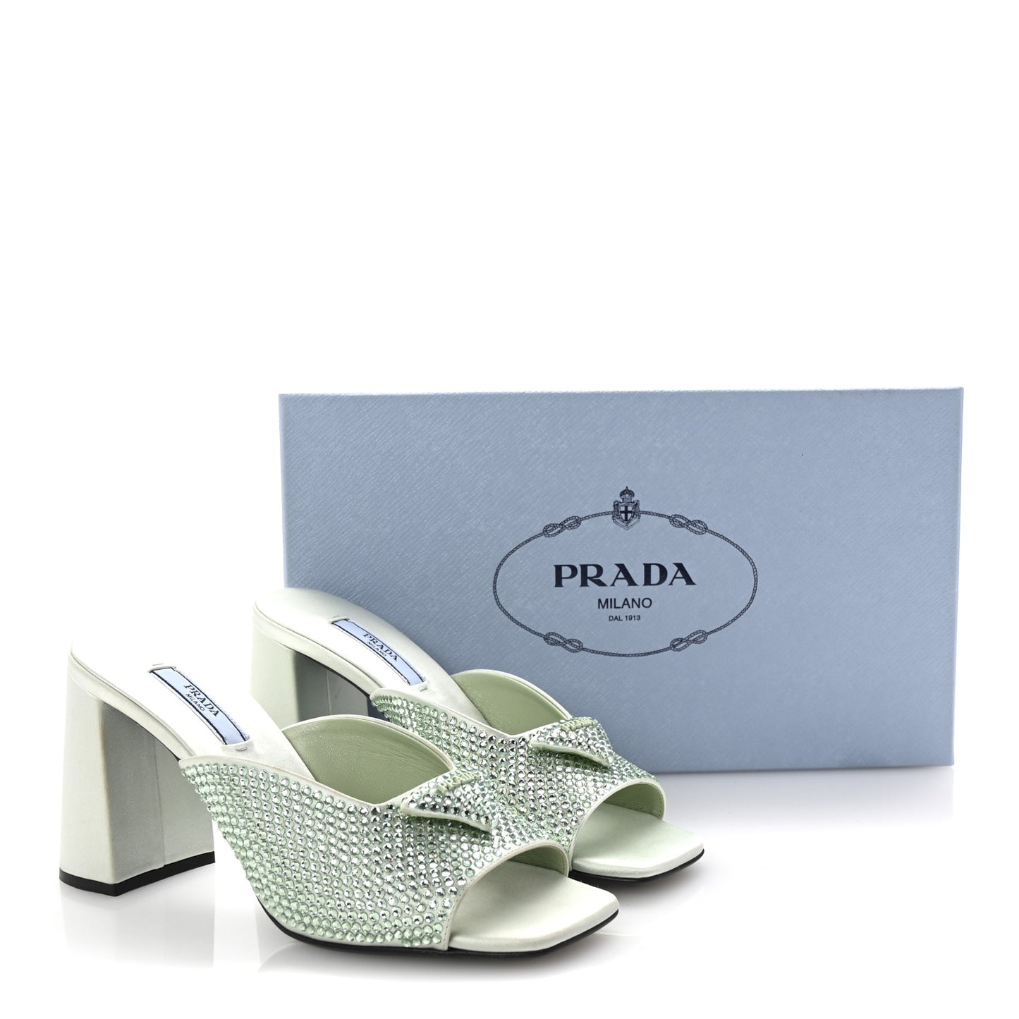 Satin Crystal Logo 90mm Slide Sandals 36.5 Acqua